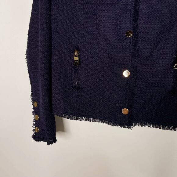 One Third S Navy Blue Tweed Fringe Trim Blazer Jacket 01 Zip Front Collarless - Picture 5 of 9